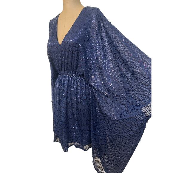 Halston Mini Dress Navy Blue Catalina Sequin V Neck Caftan Cocktail $425 - Picture 7 of 8